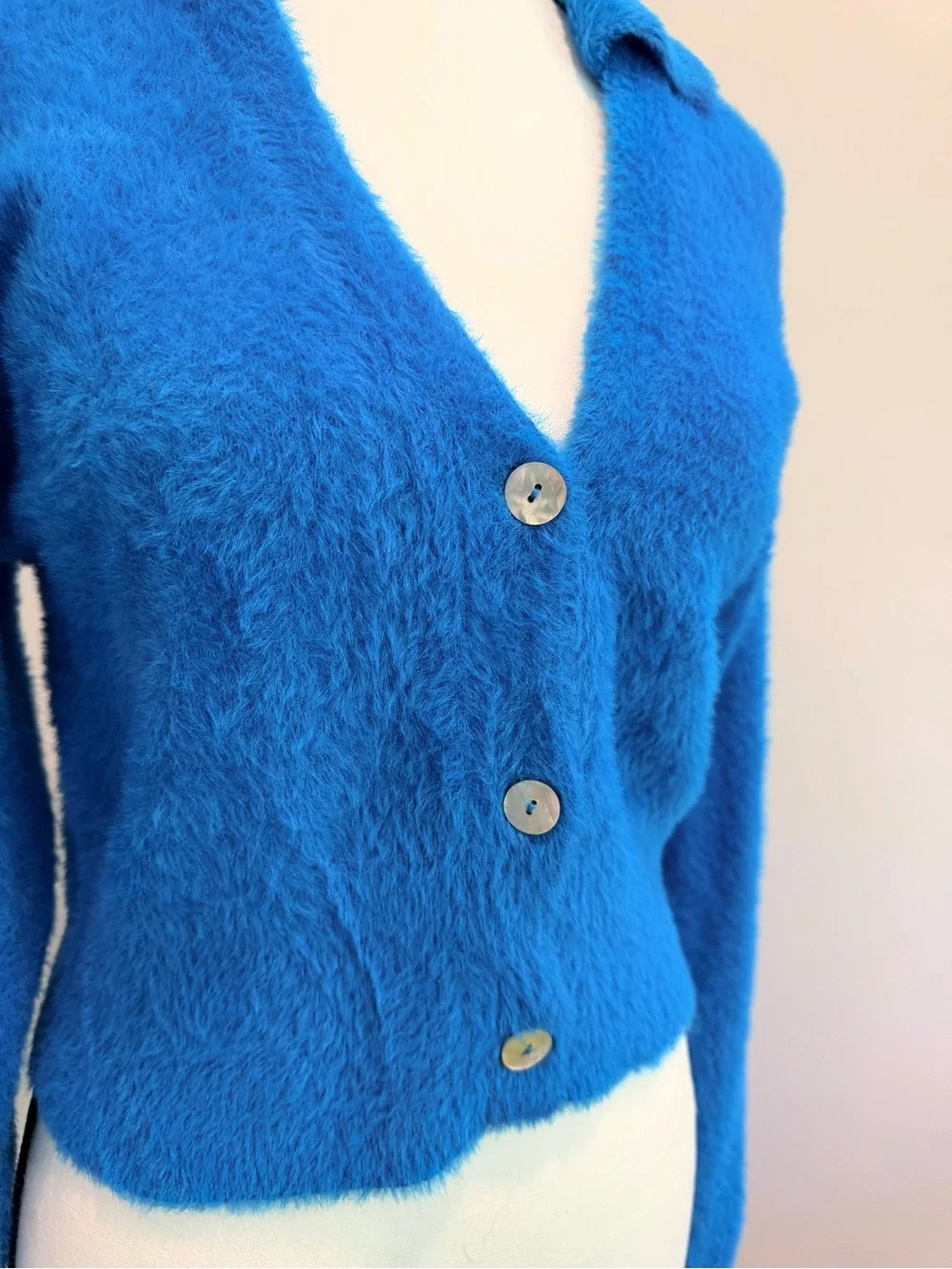 Pink Rose Fuzzy Knit Cropped Button Cardigan Sweater Blue Medium